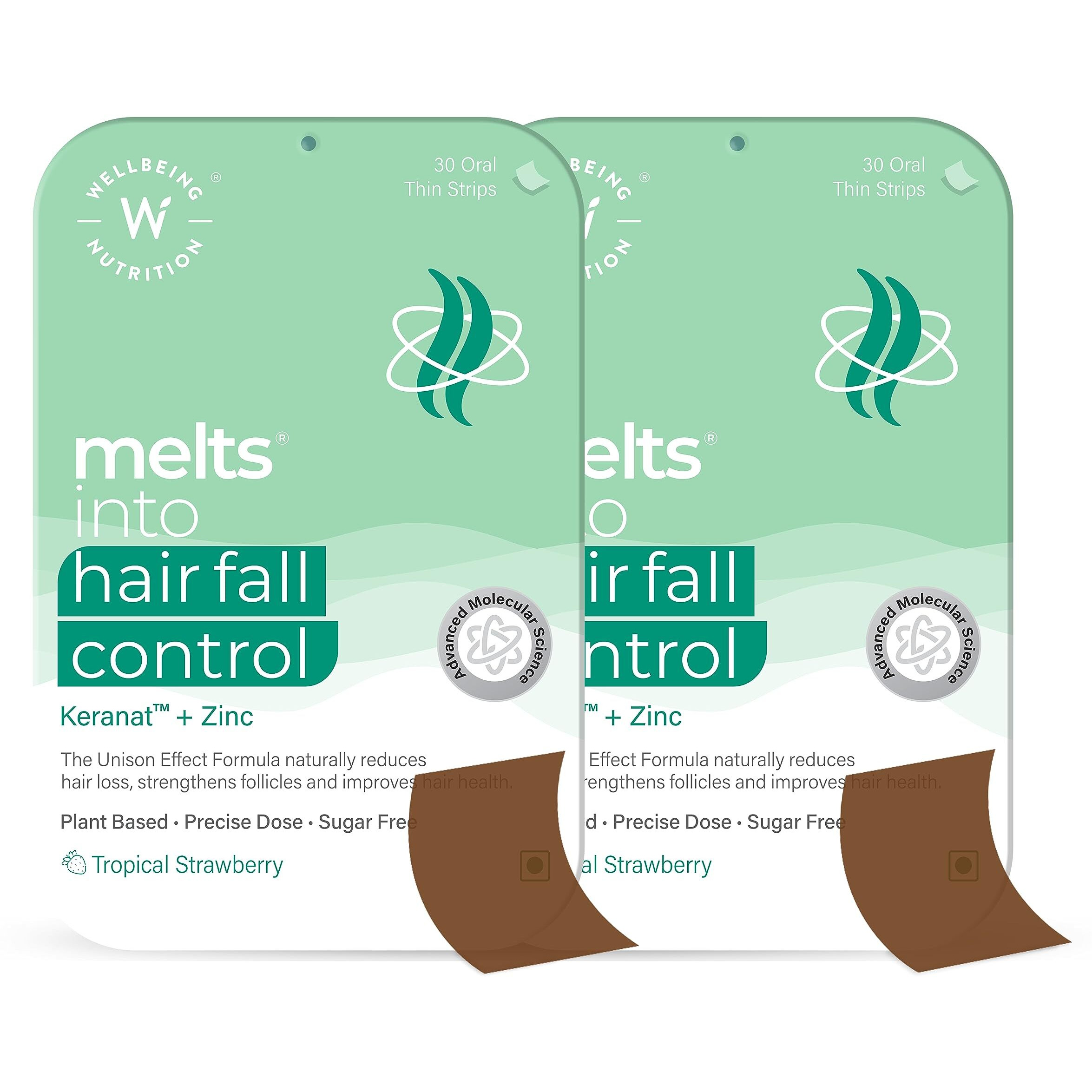 Wellbeing Nutrition Melts Hair Fall Control | Keranat & Zinc- Plant-Based Hair Loss Support To Improve Hair Anchoring, Nourish Follicles, Improve Volume & Thickness (60 Oral Strips)