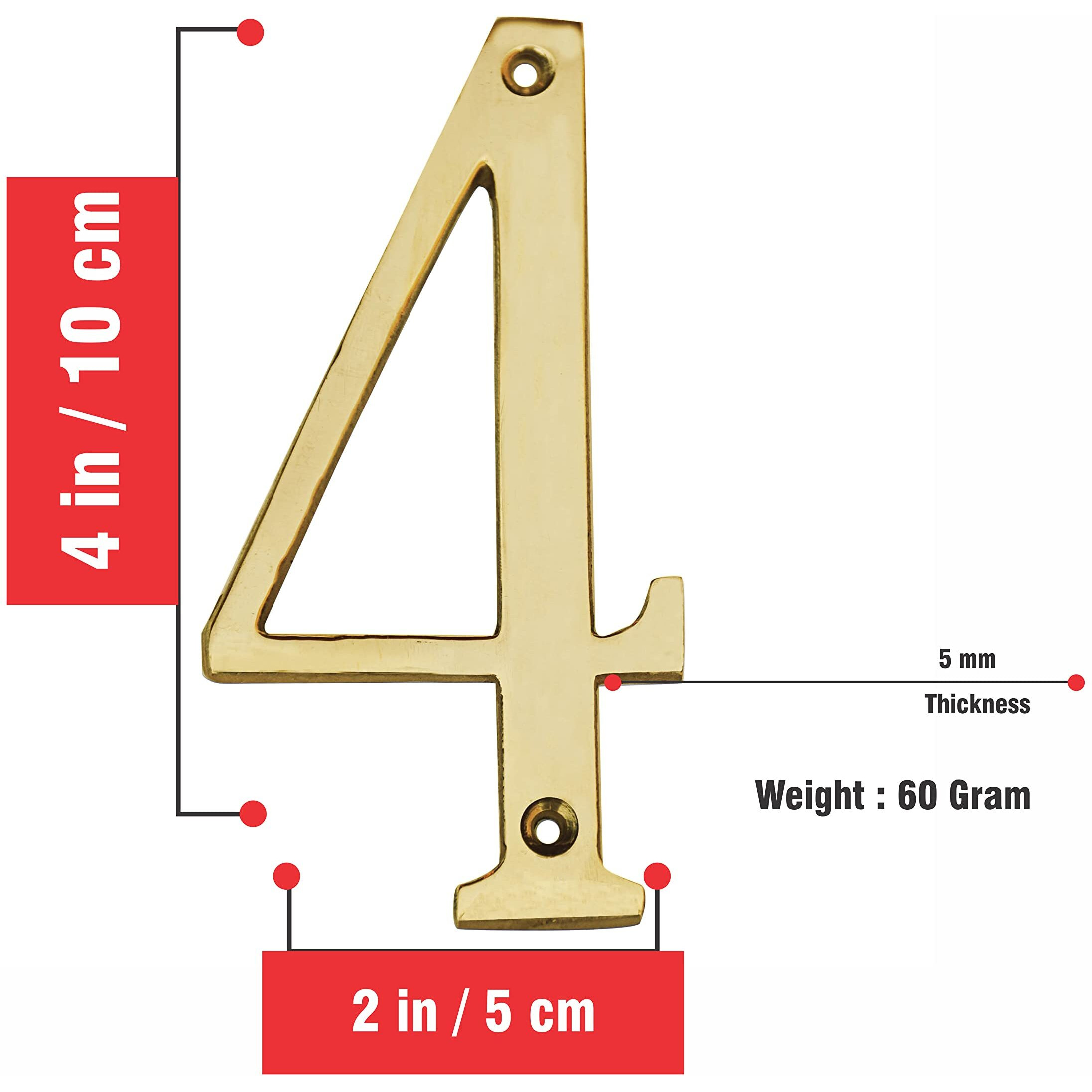 Pure Source India Brass House Hotel Door Number 4 Inch - No 4 (Four - 1 Piece)