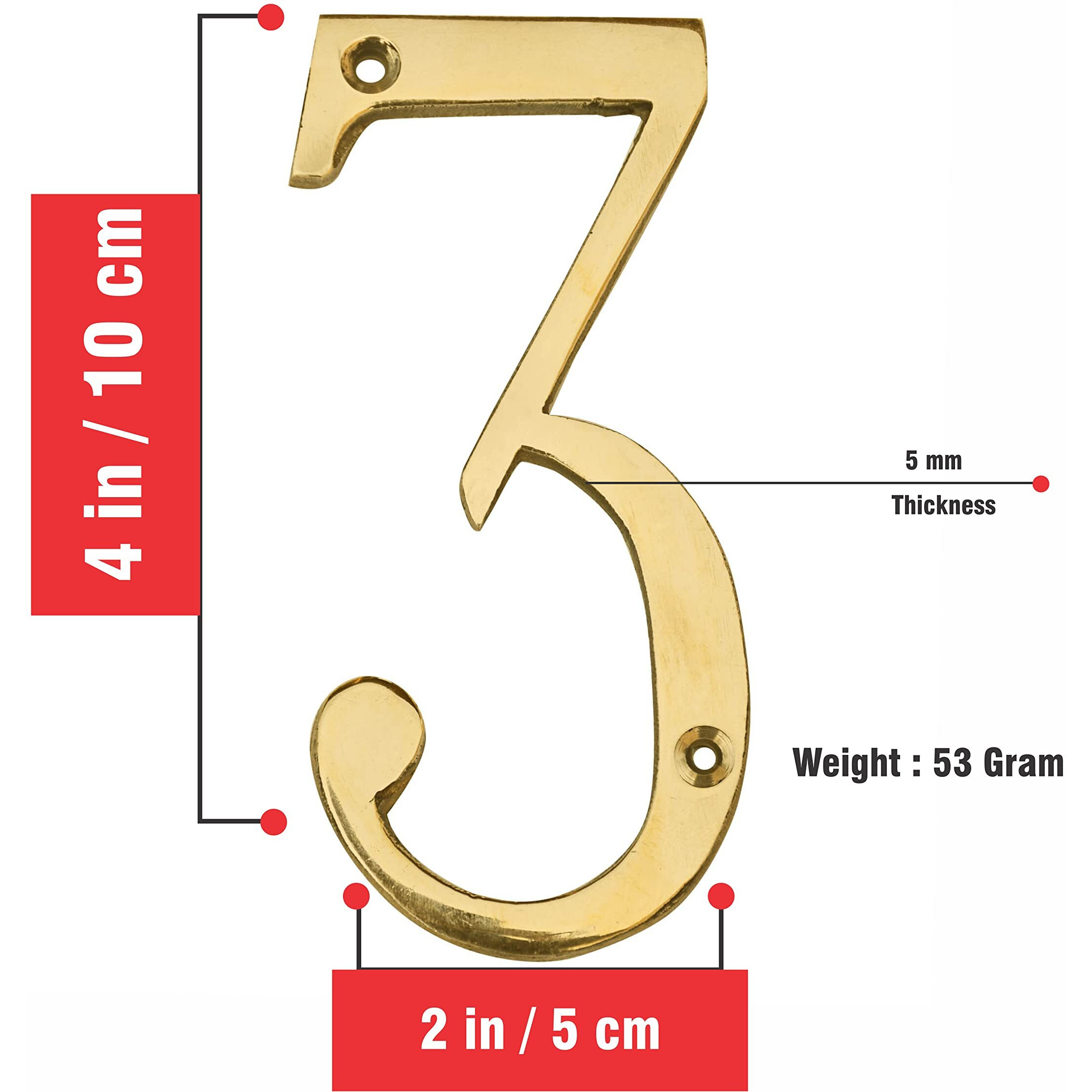 Pure Source India Brass House Hotel Door Number 4 Inch - No 3 (Three - 1 Piece)