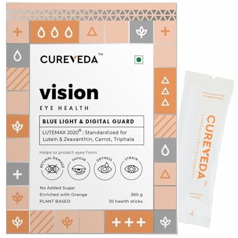Cureveda-Vision Plant Based Eye Health For Kids & Adults, Blue Light & Digital Guard (Lutein, Zeaxanthin, Carrots, Triphala) - 30 Count (Sachet)
