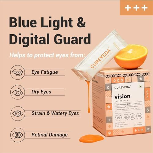 Cureveda-Vision Plant Based Eye Health For Kids & Adults, Blue Light & Digital Guard (Lutein, Zeaxanthin, Carrots, Triphala) - 30 Count (Sachet)