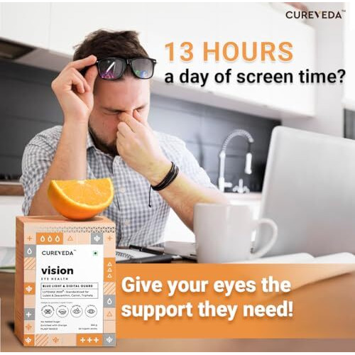 Cureveda-Vision Plant Based Eye Health For Kids & Adults, Blue Light & Digital Guard (Lutein, Zeaxanthin, Carrots, Triphala) - 30 Count (Sachet)