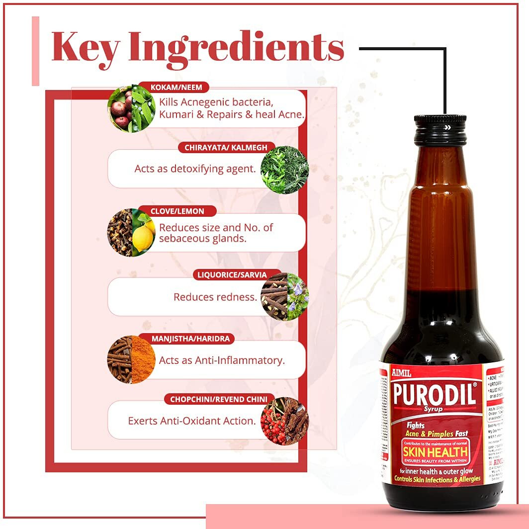 Aimil Purodil Syrup For Pimple And Acne Free Skin| Anti-Allergic Anti-Microbial Blood Purifier Syrup - 200 Ml (Pack Of 3)