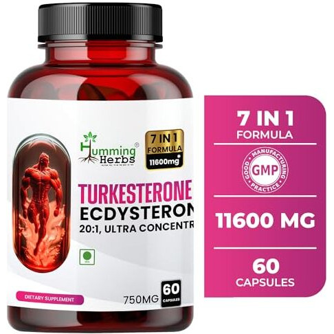 Humming Herbs Turkesterone Ecdysterone Ajuga Turkestanica Supplement With Tongkat Ali Horny Goat Weed & Maca | Boost Muscle Growth, Memory Support - 60 Capsules