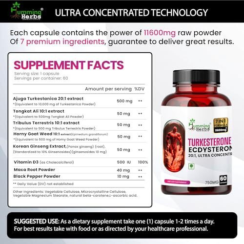 Humming Herbs Turkesterone Ecdysterone Ajuga Turkestanica Supplement With Tongkat Ali Horny Goat Weed & Maca | Boost Muscle Growth, Memory Support - 60 Capsules