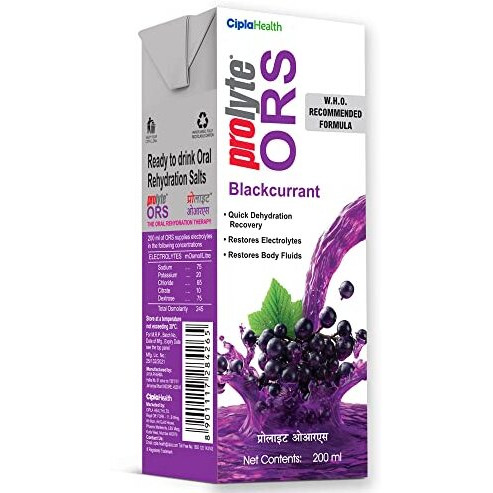 Cipla Prolyte Ors Ready To Drink Oral Rehydration Contains Vital Electrolytes | Restores Body Fluids & Electrolytes Lost Due To Sweating, Diarrhea & Vomiting | Who Formula (Black Currant, Pack Of 10)