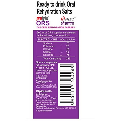 Cipla Prolyte Ors Ready To Drink Oral Rehydration Contains Vital Electrolytes | Restores Body Fluids & Electrolytes Lost Due To Sweating, Diarrhea & Vomiting | Who Formula (Black Currant, Pack Of 10)