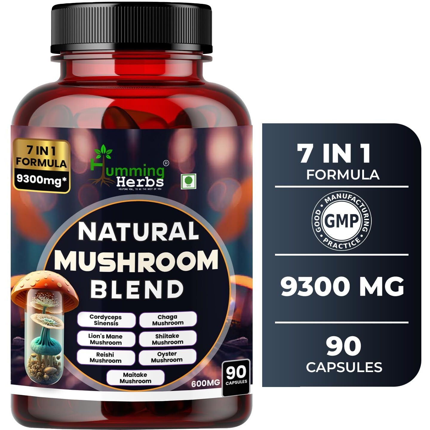 Humming Herbs Natural Mushroom Blend - 7-In-1 Immune Support Formula With Reishi, Chaga, Cordyceps Sinensis, Lion's Mane, Shiitake, Enoki, Oyster & Maitake Mushroom, 9300Mg - 90 Capsules