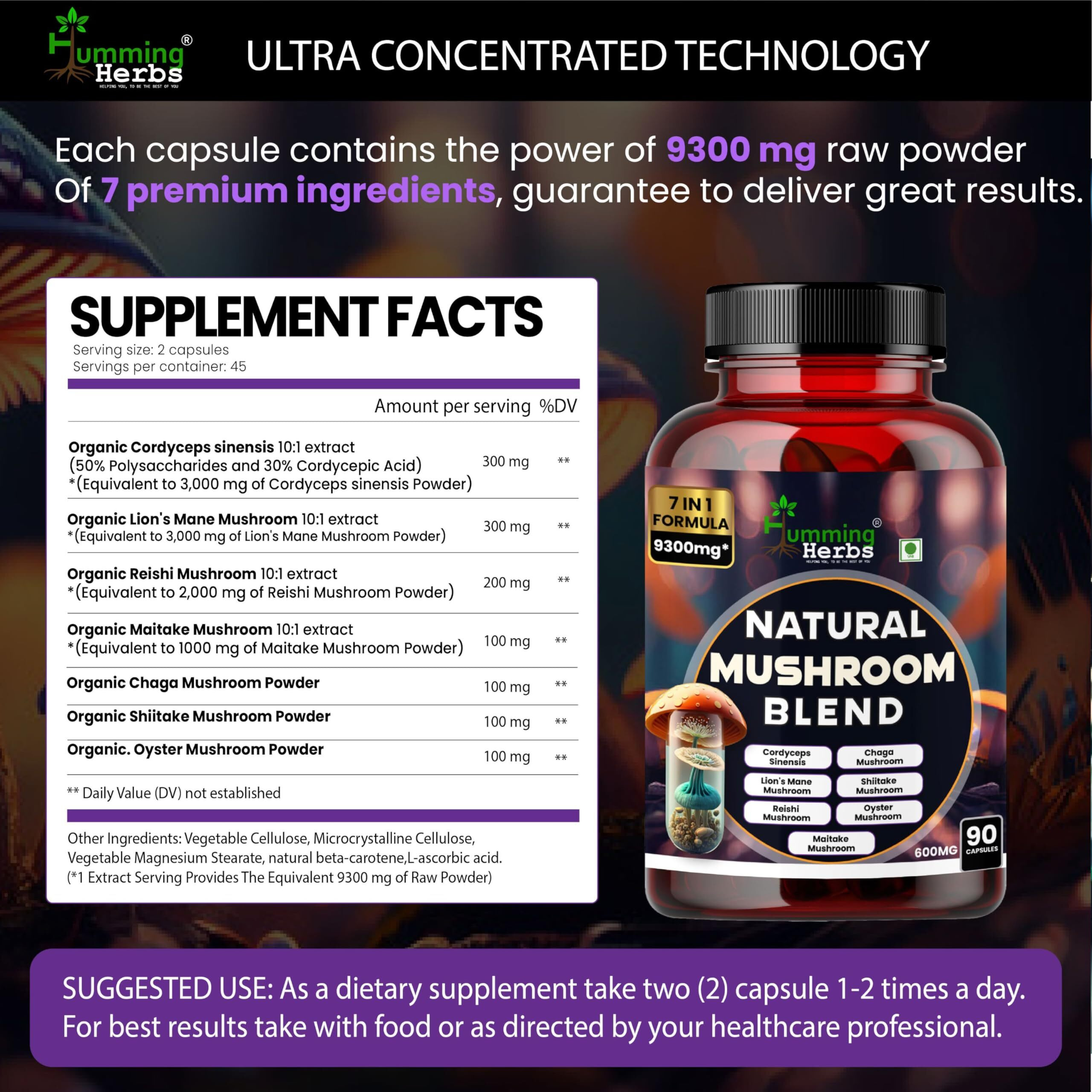 Humming Herbs Natural Mushroom Blend - 7-In-1 Immune Support Formula With Reishi, Chaga, Cordyceps Sinensis, Lion's Mane, Shiitake, Enoki, Oyster & Maitake Mushroom, 9300Mg - 90 Capsules