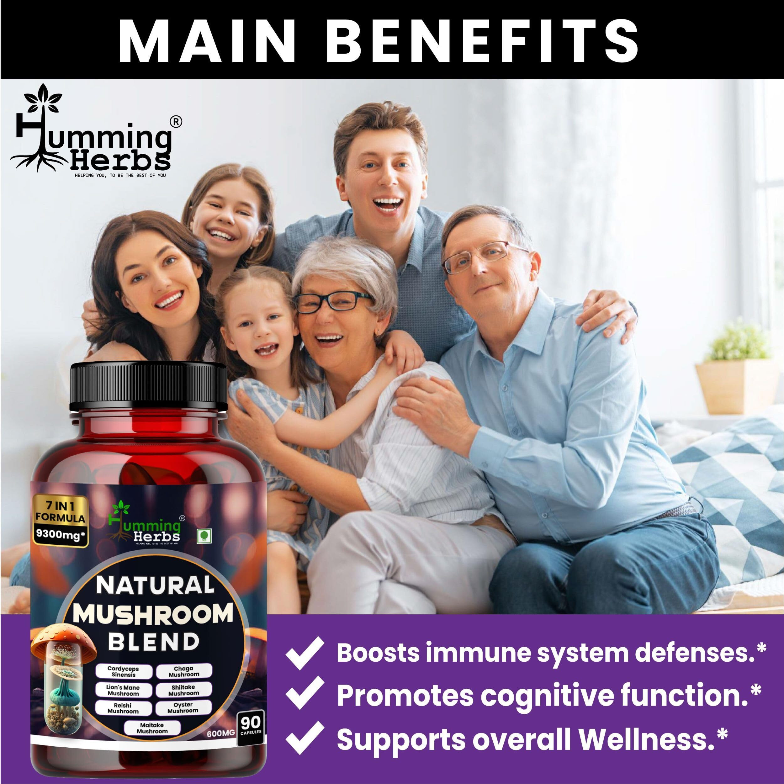 Humming Herbs Natural Mushroom Blend - 7-In-1 Immune Support Formula With Reishi, Chaga, Cordyceps Sinensis, Lion's Mane, Shiitake, Enoki, Oyster & Maitake Mushroom, 9300Mg - 90 Capsules