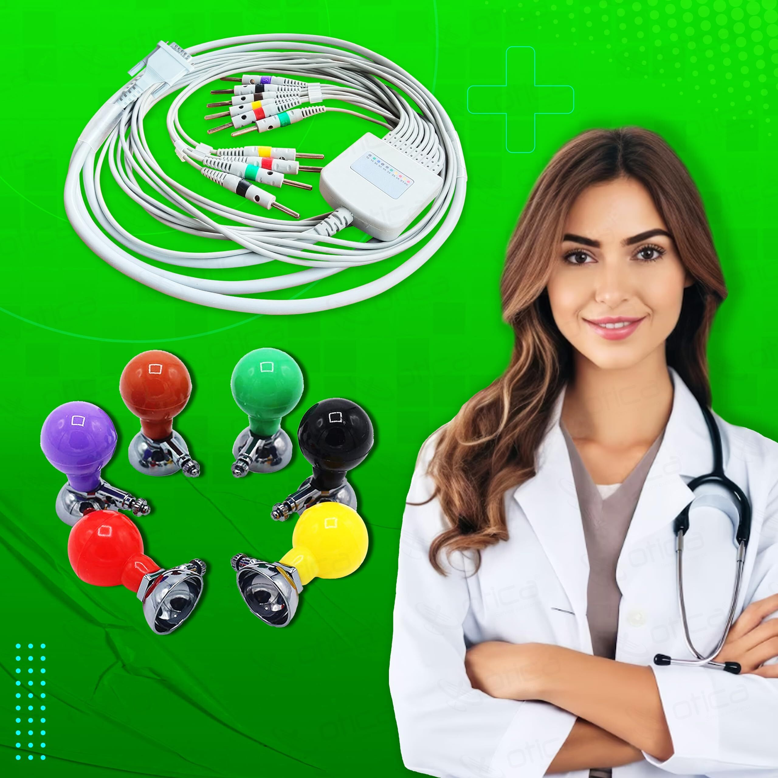 Otica Ecg Cable 10 Lead 4Mm Banana Type Pin Compatible With All Brands Ecg Machine (Screw Type, Cable+ Colourful Chest Bulb)