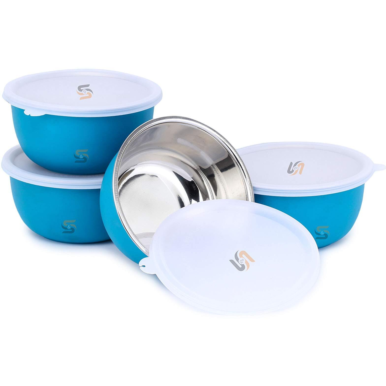 S&S Quality Integrity Innovation Stainless Steel Solid, Microwave Safe Bowls, Serving Bowls With Lids Set, Bowl Set For Gift, Storage Mixing Bowl I Turquoise, 500 Ml - Pack Of 4