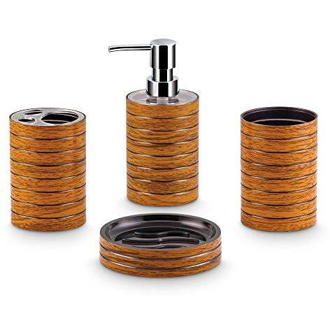 Freelance Miami Polystyrene 4 Pieces Bathroom Set-Dispenser, Toothbrush Holder, Tumbler & Soap Dish (Dark Wood)