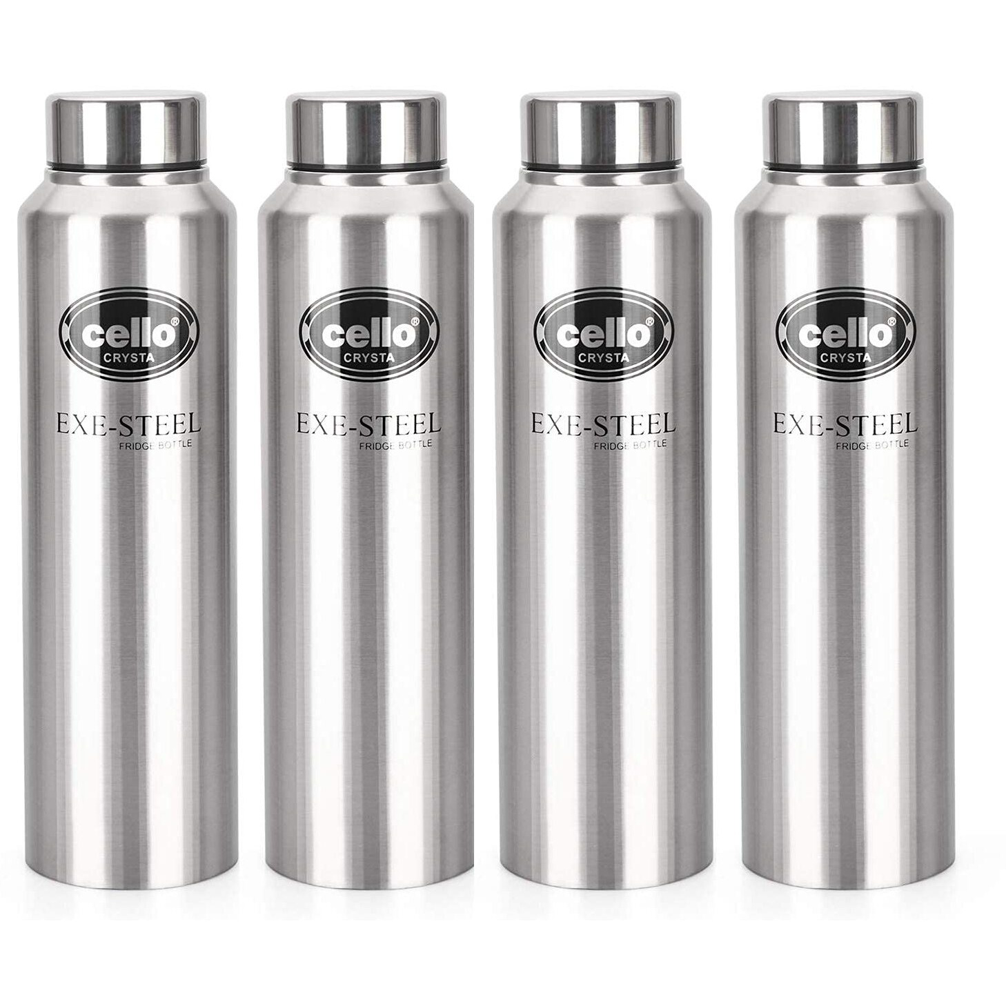Cello Crysta Stainless Steel Bottle | Tough & Trendy | Lid Is Sealed By A Silicone Ring | Best Usage Office/School/College/Gym/Picnic/Home/Fridge | 1000Ml | Silver, Set Of 4