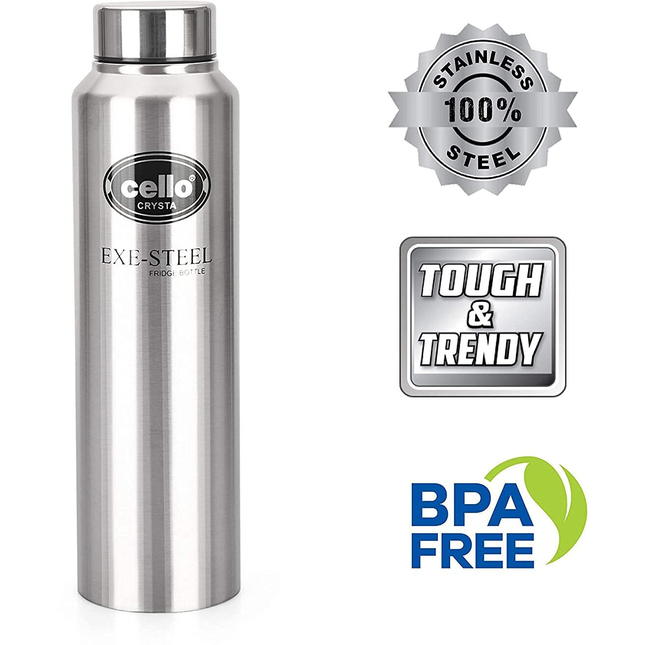 Cello Crysta Stainless Steel Bottle | Tough & Trendy | Lid Is Sealed By A Silicone Ring | Best Usage Office/School/College/Gym/Picnic/Home/Fridge | 1000Ml | Silver, Set Of 4