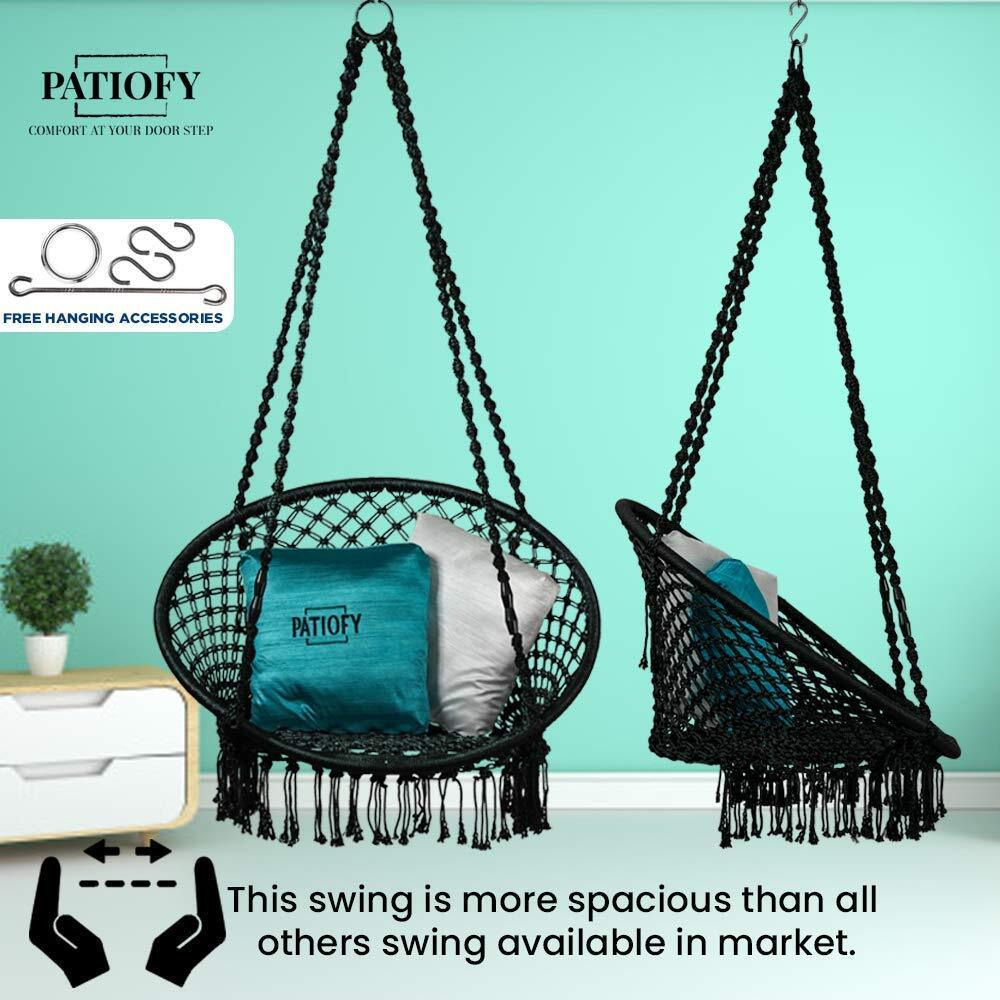 Patiofy Made In India Premium Comfy Series Hanging Cotton Rope Swing For Kids & Adults With Cushion & Accessories For Home, Balcony, Indoor & Outdoor, Garden (200 Kgs Capacity|Black In Colour), 84 Cm