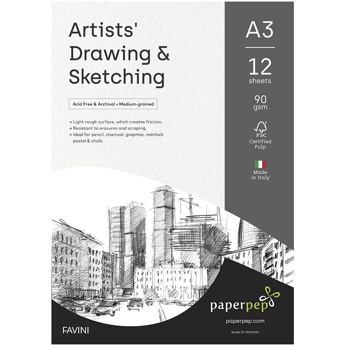 Paperpep Artists' Sketching & Drawing Paper 90Gsm A3 Pack Of 24 For Sketching & Drawing With Pencil, Charcoal, Graphite, Redchalk Pastel, Chalk, Oil Pastel & Wax Crayon For Artists' & Amateurs