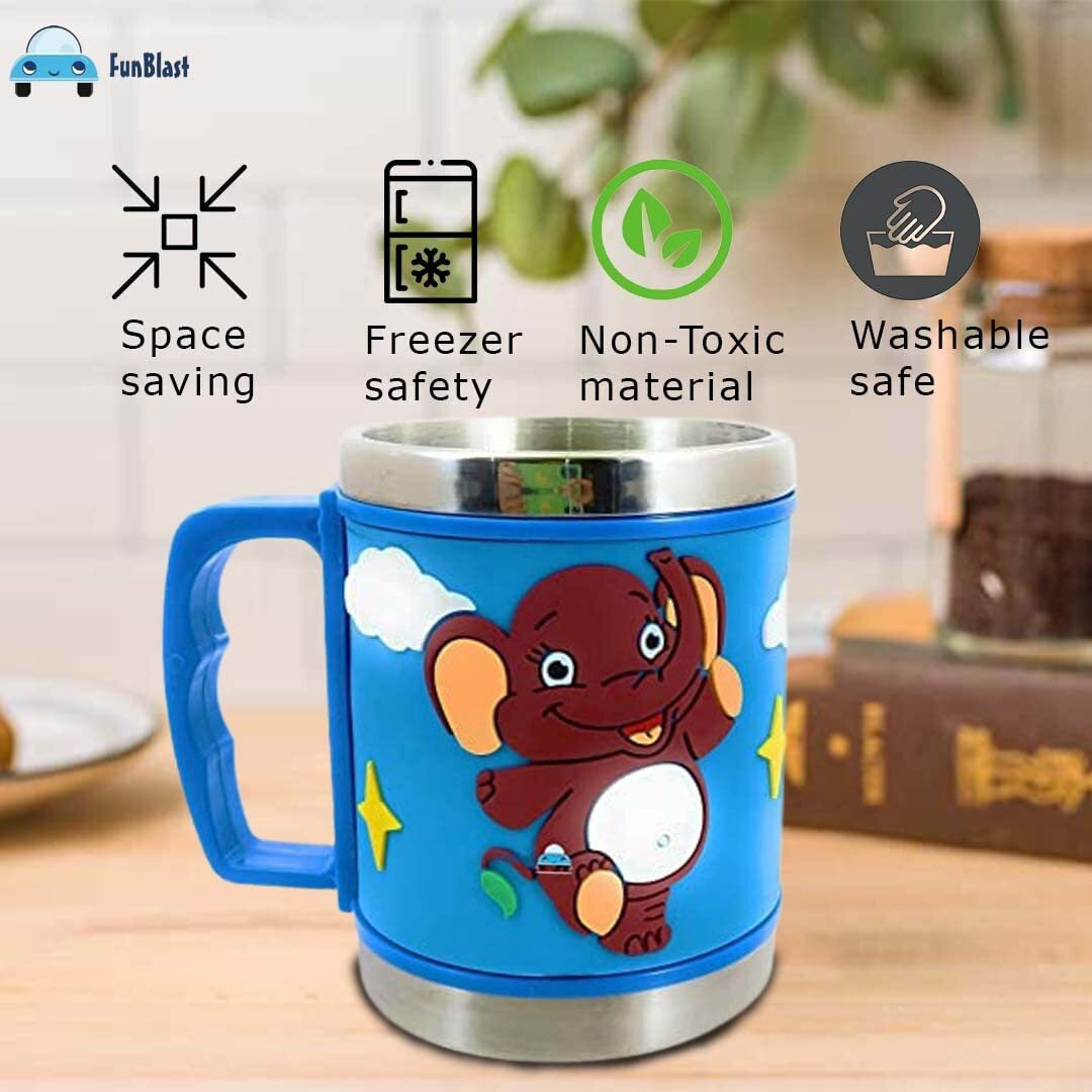 Funblast Cartoon Mug For Kids Stainless Steel Emboss Hot&Cold Coffee/Milk/Tea Mug For Kids Cute Cartoon Print Soft Rubber Design Cup For Gifts|Kids|Toddlers (Random Color&Design),350 Ml