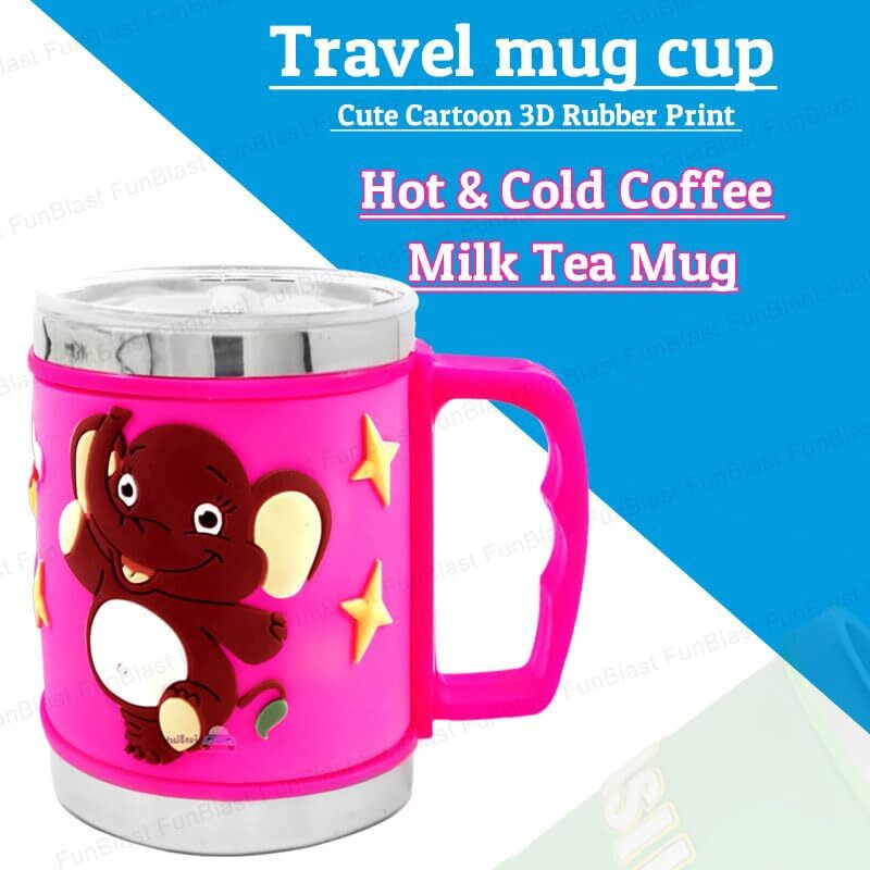 Funblast Milk Drinking Mug For Kids - Stainless Steel Emboss Hot And Cold Coffee/Milk/Tea Mug For Kids Cute Cartoon Print Soft Rubber Design Cup, Insulated Cup For Hot Beverages, 280 Ml