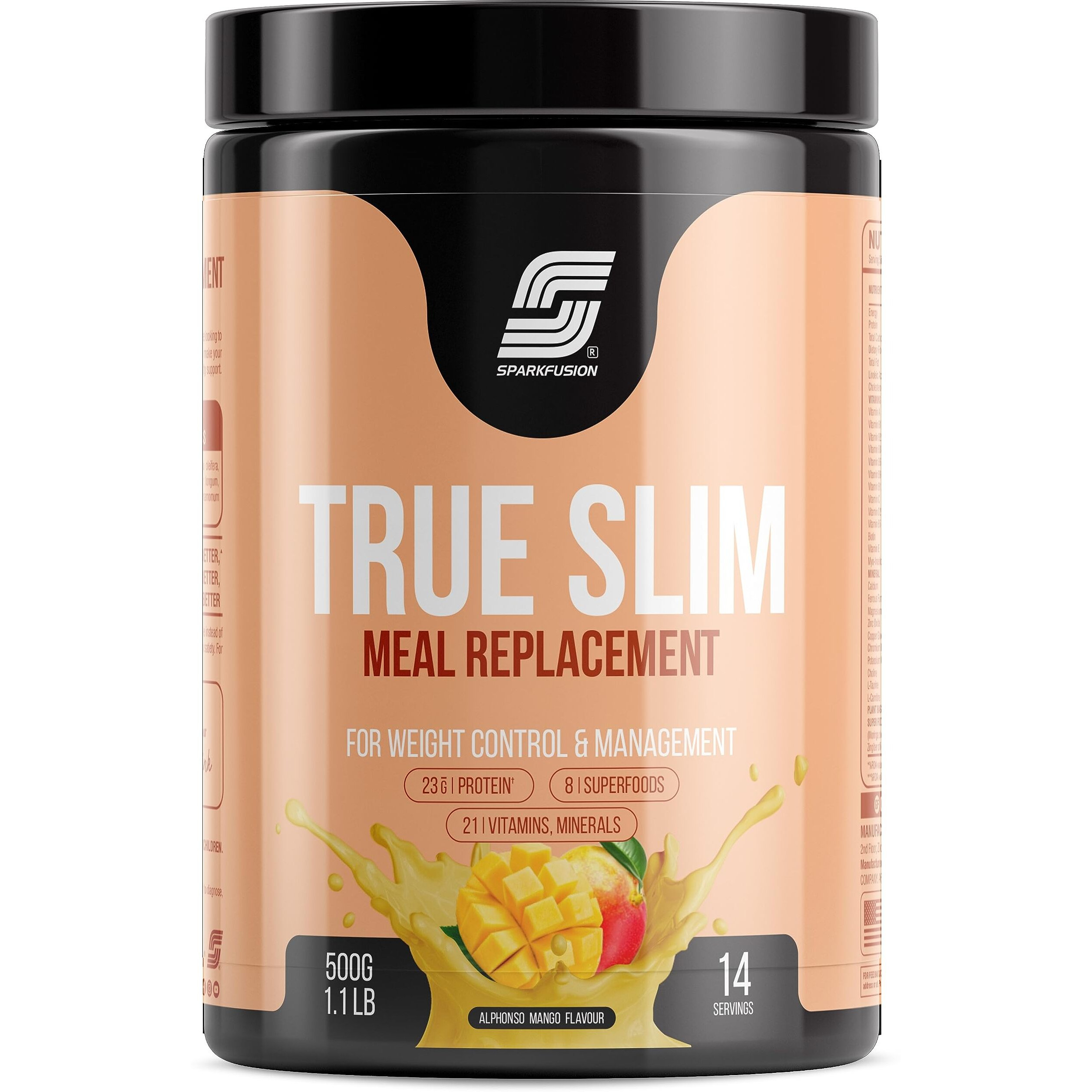 Sparkfusion True Slim Protein Powder Meal Replacement Shake | For Weight Control And Management | 23 Gm Protein With 8 Ayurvedic Superfood | Sugar Free | For Men And Women (Alphonso Mango, 500 G)