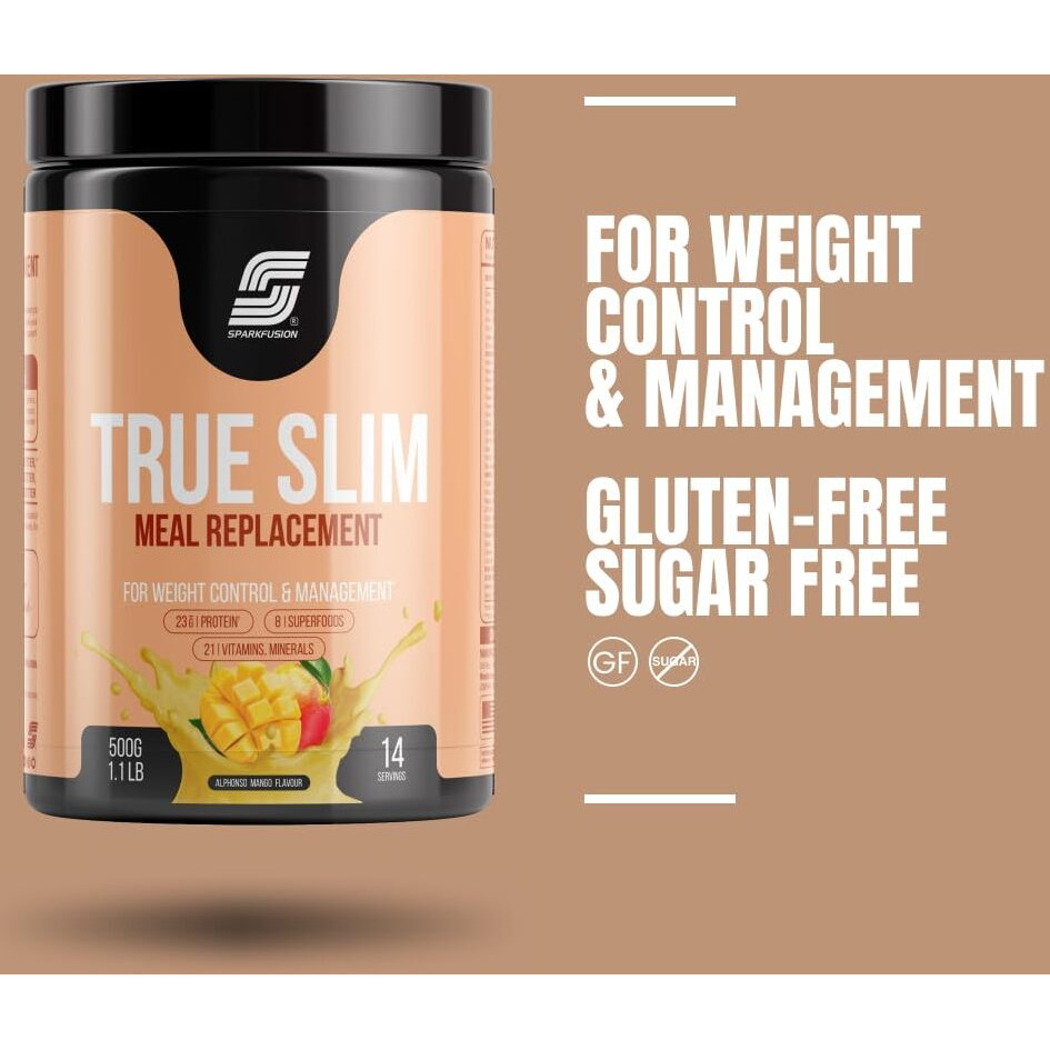 Sparkfusion True Slim Protein Powder Meal Replacement Shake | For Weight Control And Management | 23 Gm Protein With 8 Ayurvedic Superfood | Sugar Free | For Men And Women (Alphonso Mango, 500 G)