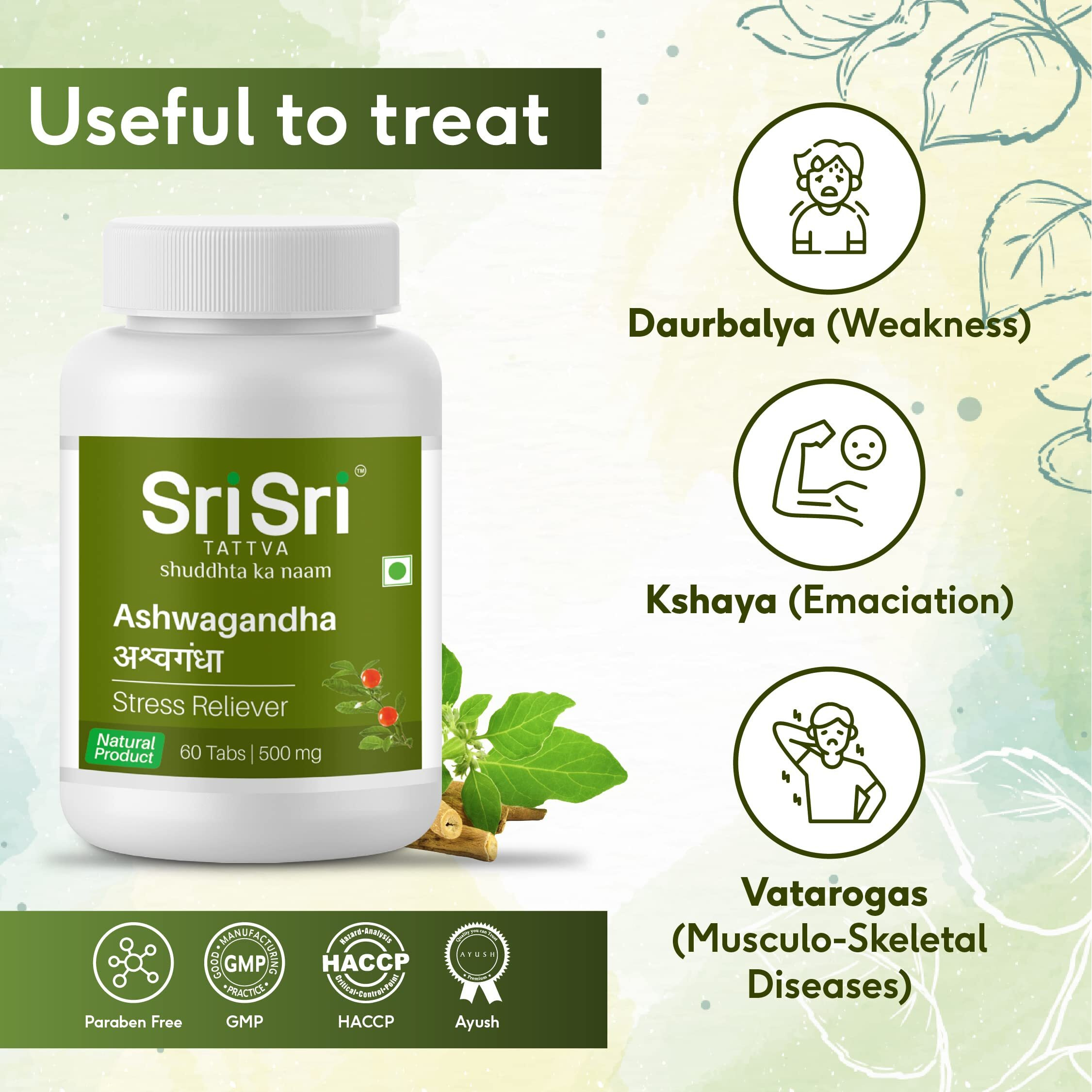 Sri Sri Tattva Ashwagandha - 500Mg Tablet - 60 Count (Pack Of 3) - Herbal Immunity & Energy Booster Made With Pure Ayurvedic Ingredients For Anxiety & Stress Relief, Enhanced Strength & Vitality
