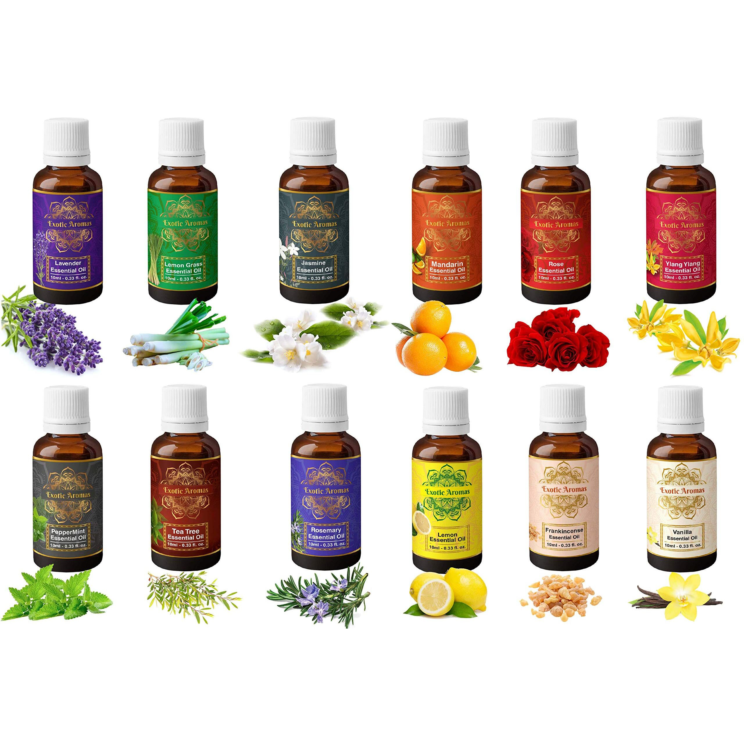 Exotic Aromas Essential Oil Lavender Rose Tea Tree Vanilla Frankincense Rosemary Jasmine Ylang Ylang Peppermint Mandarin Lemongras Lemon Pack Of 12