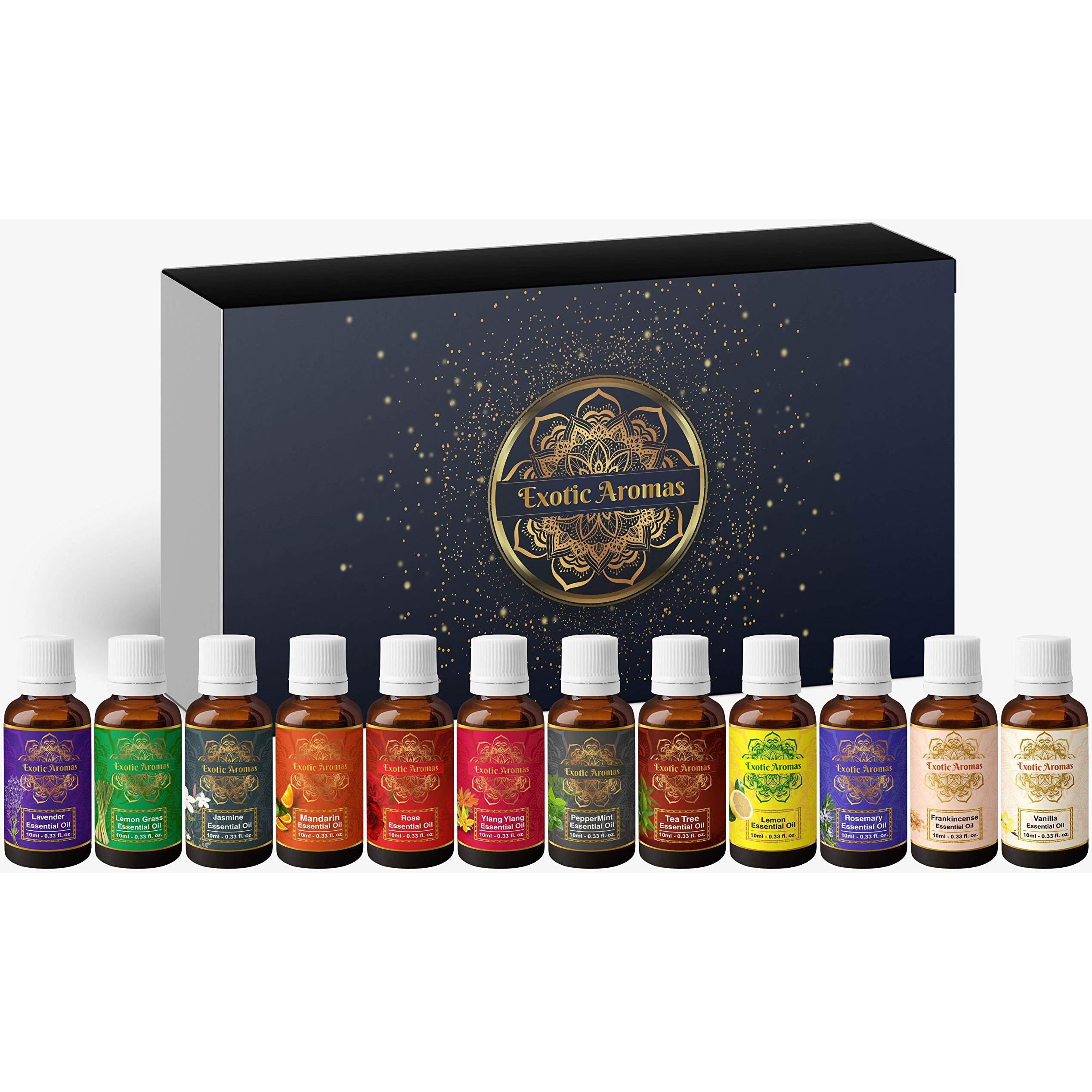 Exotic Aromas Essential Oil Lavender Rose Tea Tree Vanilla Frankincense Rosemary Jasmine Ylang Ylang Peppermint Mandarin Lemongras Lemon Pack Of 12