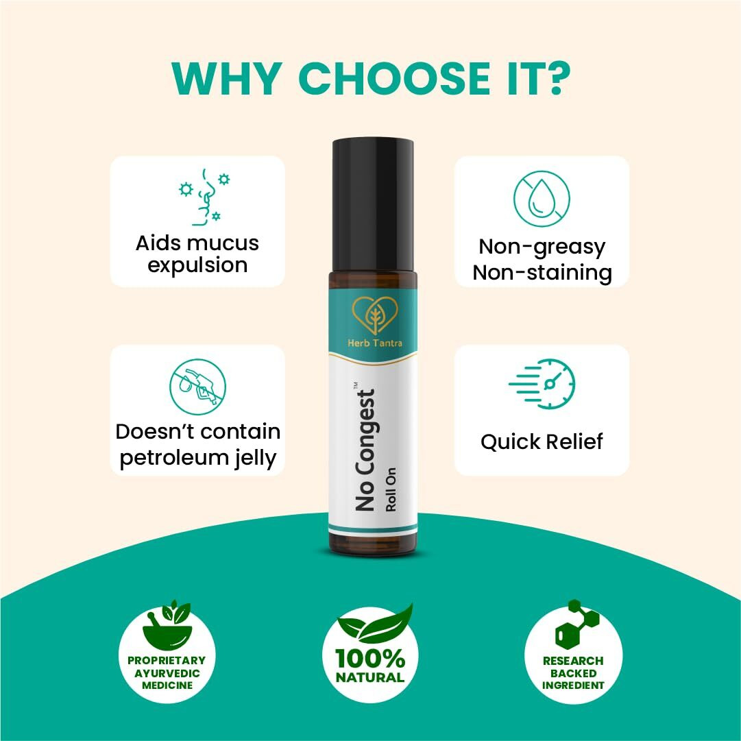 Herb Tantra No Congest Sinus Relief Roll-On | Ayurvedic Nasal Decongestant With Eucalyptus | Quick Blocked Nose, Allergy, Snoring & Cold Relief