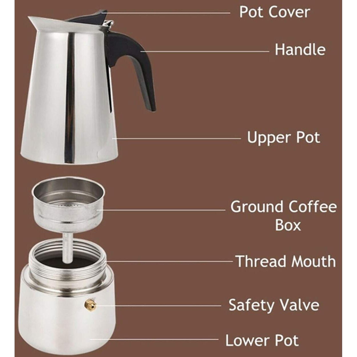 R Runilex Stainless Steel Espresso Maker Stovetop Coffee Percolator Italian Coffee Maker Moka Pot (Silver) (300 Ml - 6 Cup)