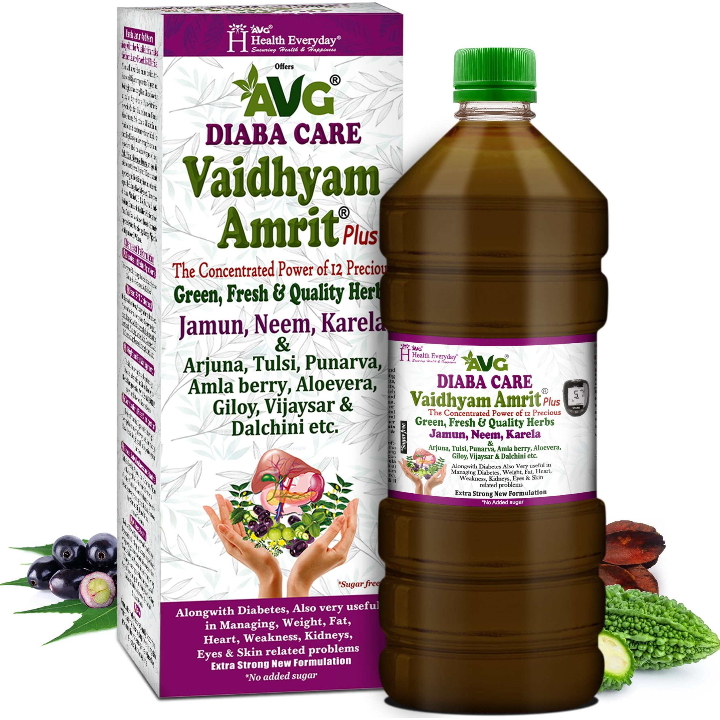 Avg Health Organics Vaidhyam Amrit Plus Diaba Care, Jamun Neem Karela Juice 1L, Ayurvedic Diabetes Care Juice
