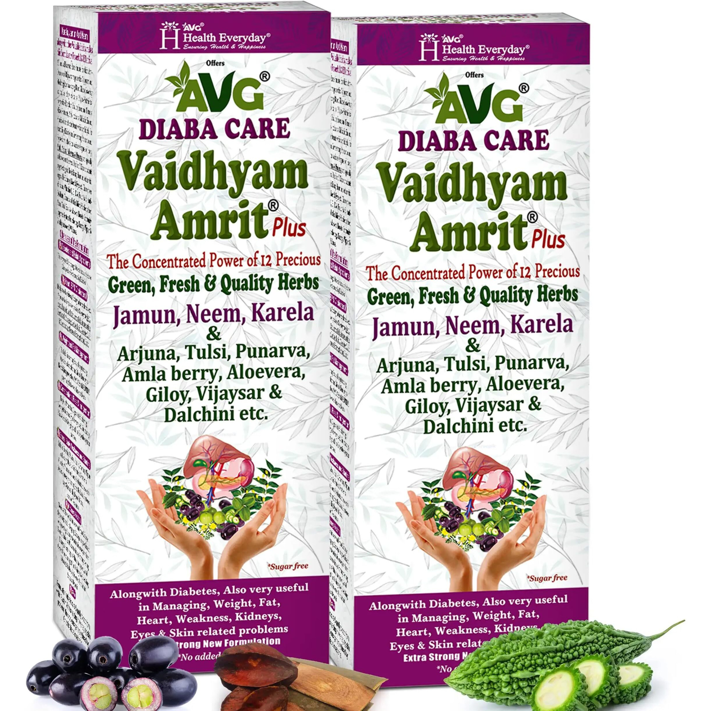 Avg Health Organics Diaba Care Vaidhyam Amrit Plus, Jamun, Neem, Karela, Arjuna - Ayurvedic Diabetes Care Juice | Pack Of 2