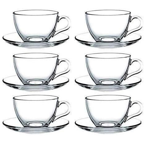 Dikuji Enterprise New Superb Crystal Clear Roma Solid Glass Tea Cup With Saucer, Tea Mugs With Handle, 150 Ml, Hot Or Cold Drinks (Clear) - Set Of 6