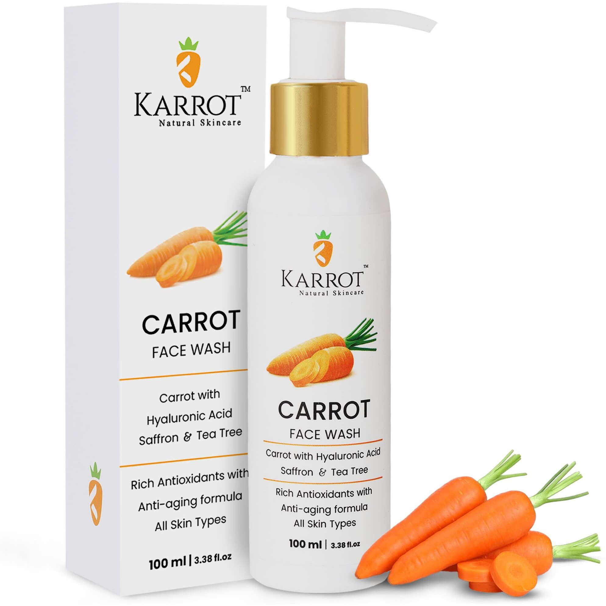 Karrot Natural Skincare Carrot Hydrating Face Wash, Boosts Radiance And Evens Skin Tone, With Hyaluronic Acid, Saffron And Tea Tree, For Women And Men, Suitable For All Skin Types, 100 Ml