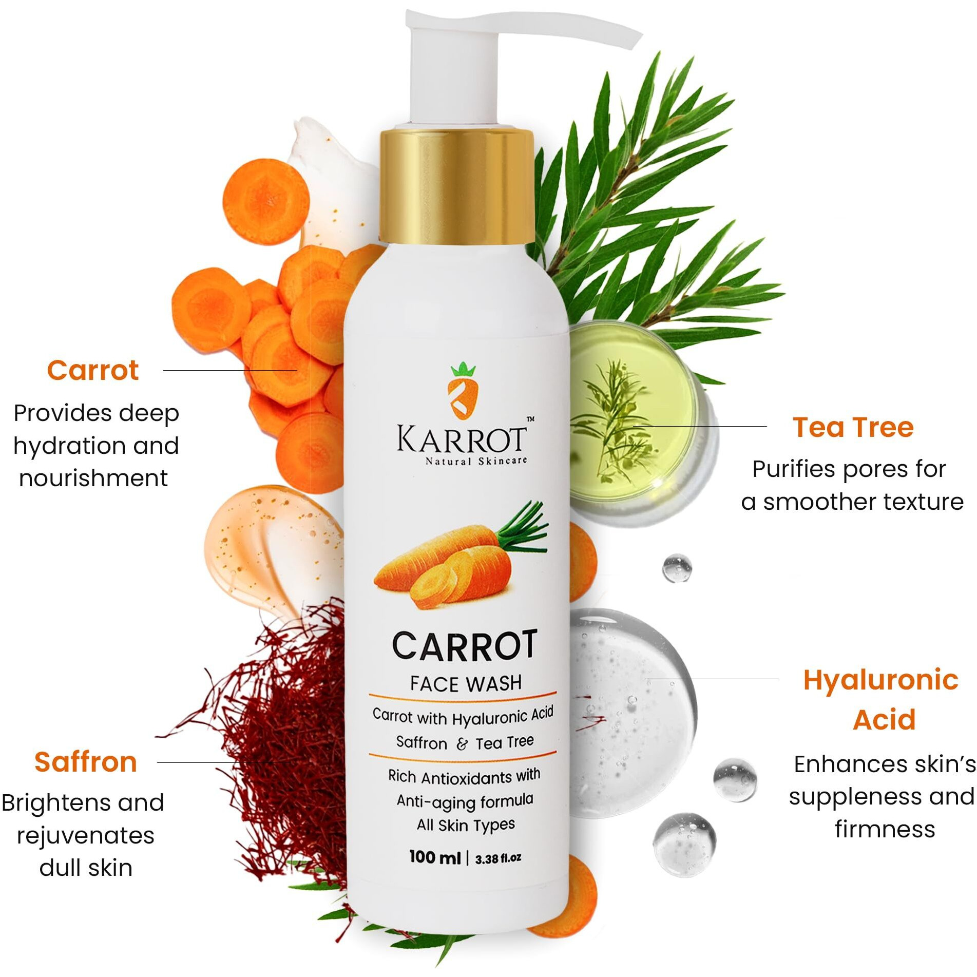 Karrot Natural Skincare Carrot Hydrating Face Wash, Boosts Radiance And Evens Skin Tone, With Hyaluronic Acid, Saffron And Tea Tree, For Women And Men, Suitable For All Skin Types, 100 Ml