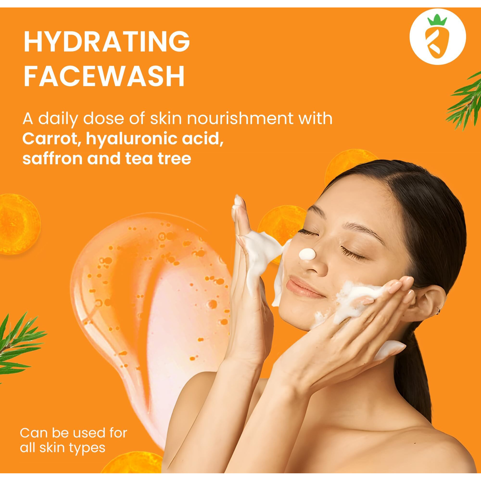 Karrot Natural Skincare Carrot Hydrating Face Wash, Boosts Radiance And Evens Skin Tone, With Hyaluronic Acid, Saffron And Tea Tree, For Women And Men, Suitable For All Skin Types, 100 Ml