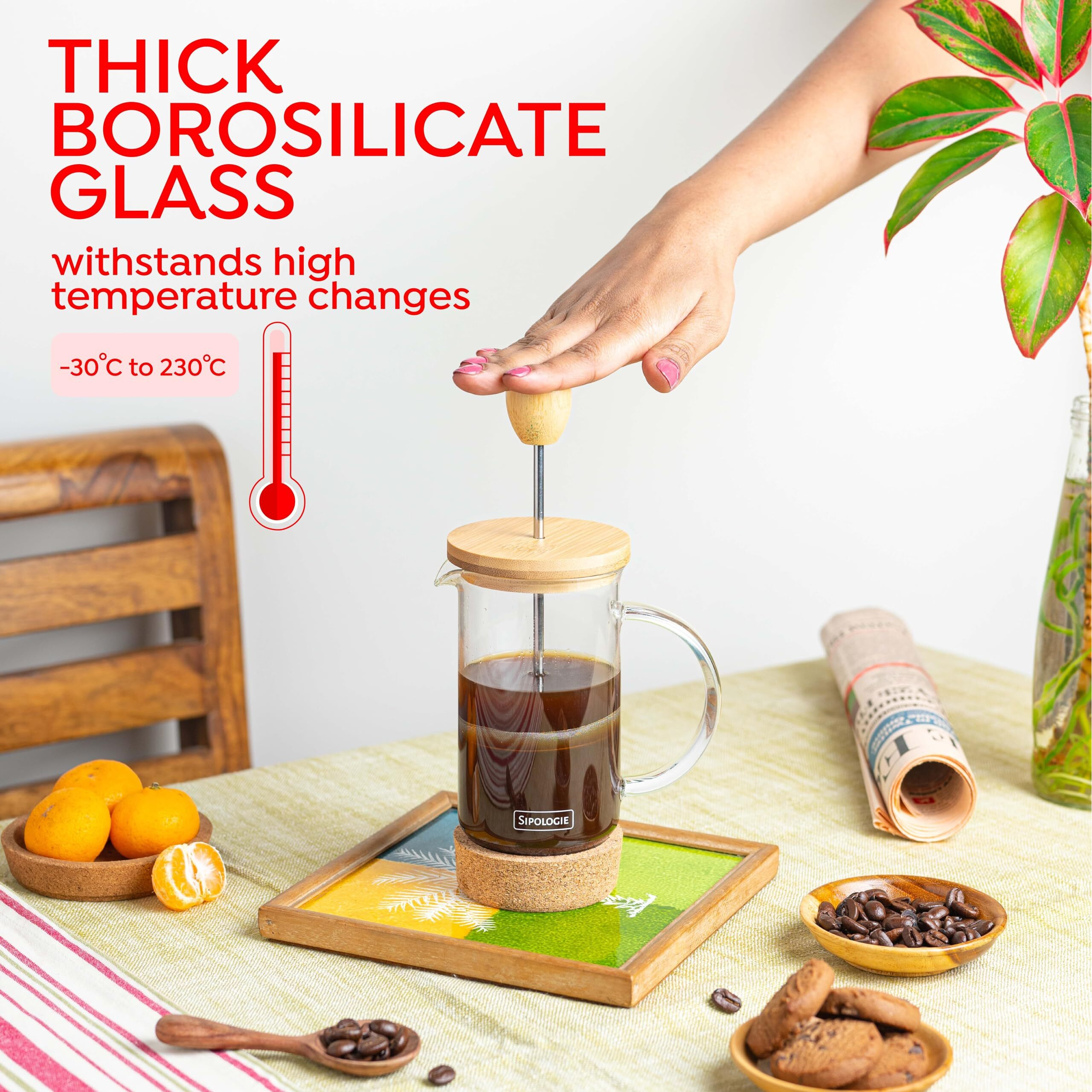 Sipologie Kumaon French Press Coffee Maker 350Ml I Nature Inspired Wooden Lid And Cork Base | Premium Heat Resistant Borosilicate Glass I With Coffee Spoon And Extra Filter Mesh | 1 Cup