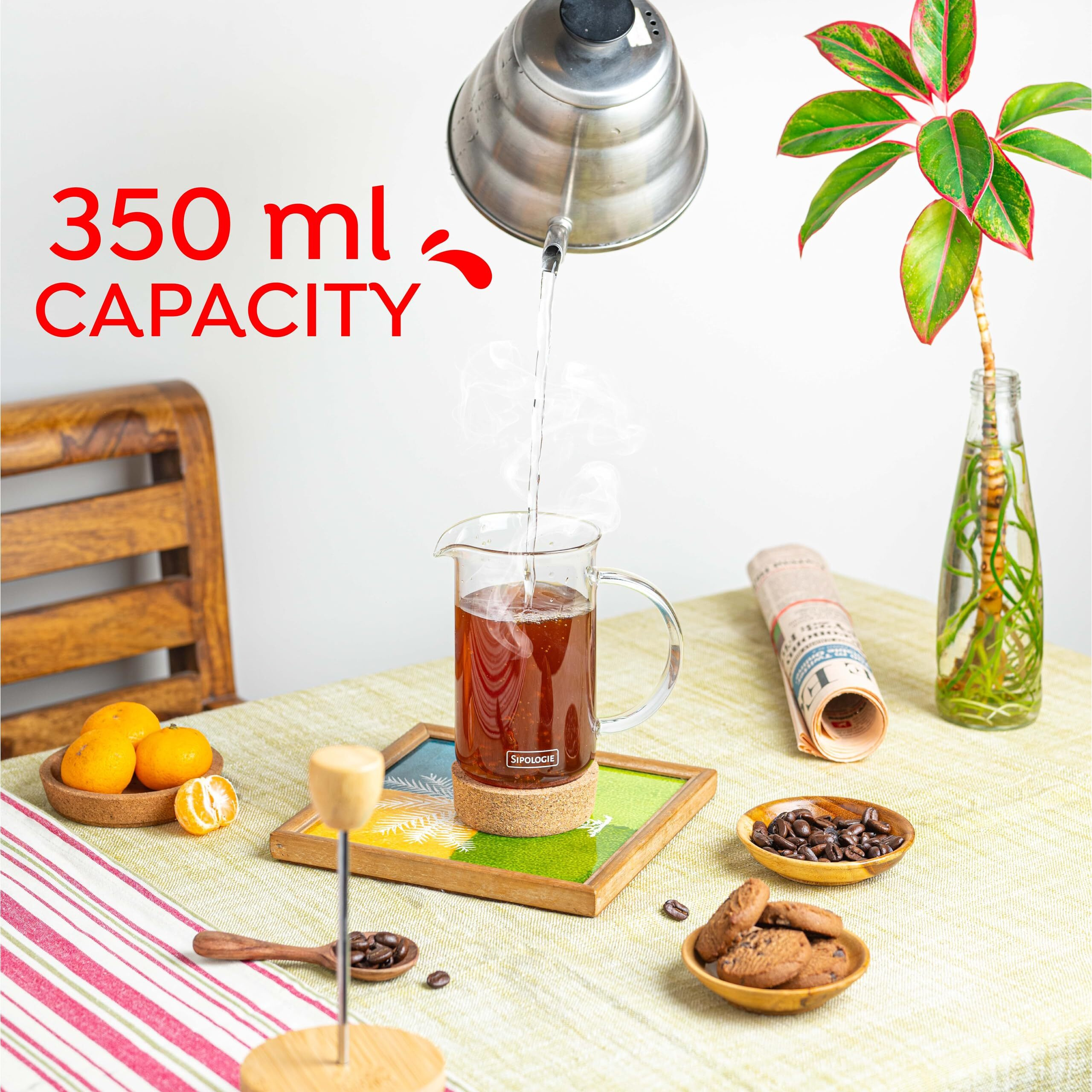 Sipologie Kumaon French Press Coffee Maker 350Ml I Nature Inspired Wooden Lid And Cork Base | Premium Heat Resistant Borosilicate Glass I With Coffee Spoon And Extra Filter Mesh | 1 Cup