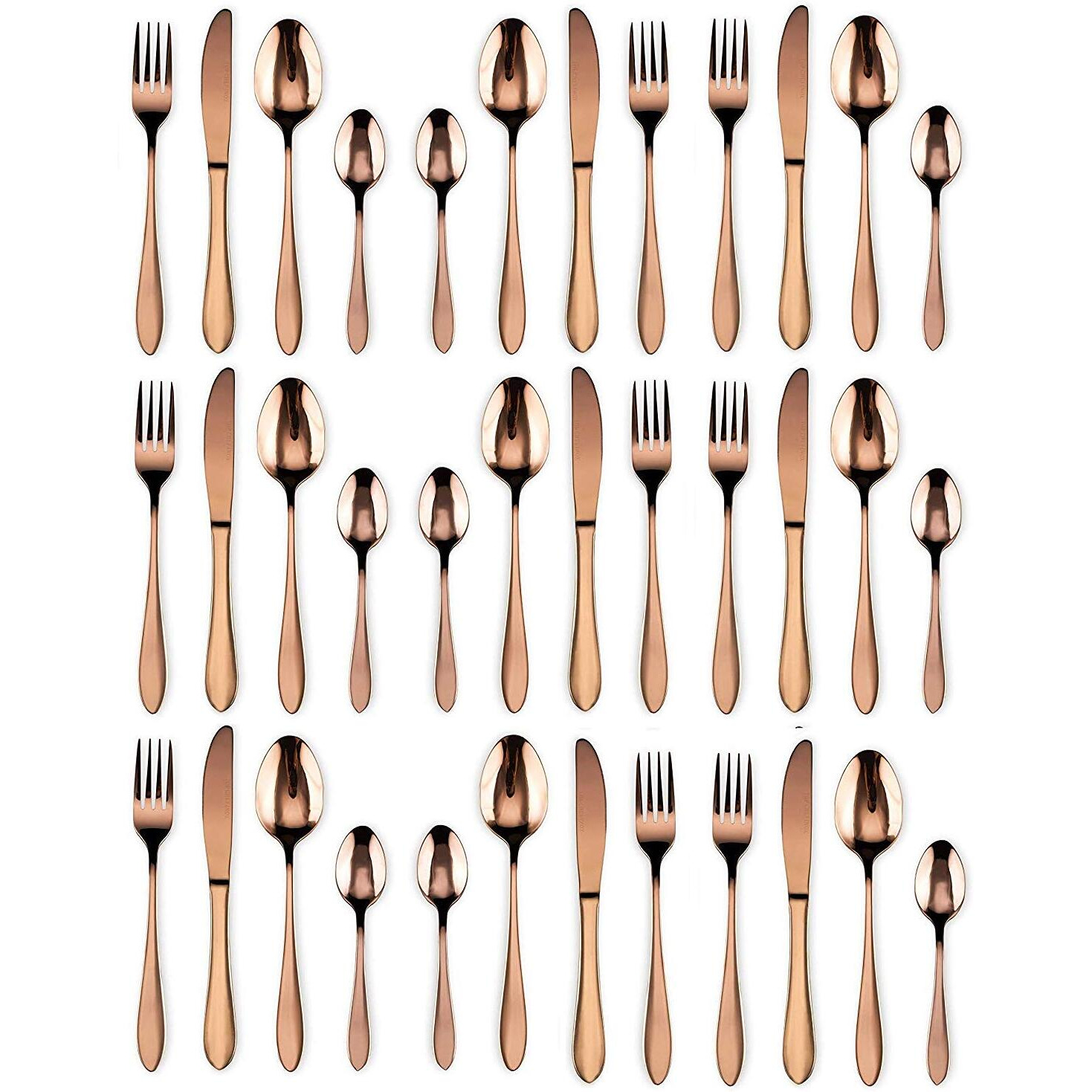Anh Mart Mirror Finish Rose Gold Plated Stainless Steel Flatware Set Copper Silverware Set Rose Gold Spoon Color Cutlery Set [Dinner Fork-Tea Spoon-Salad Spoon-Knife] Set Of (Set Of 36)