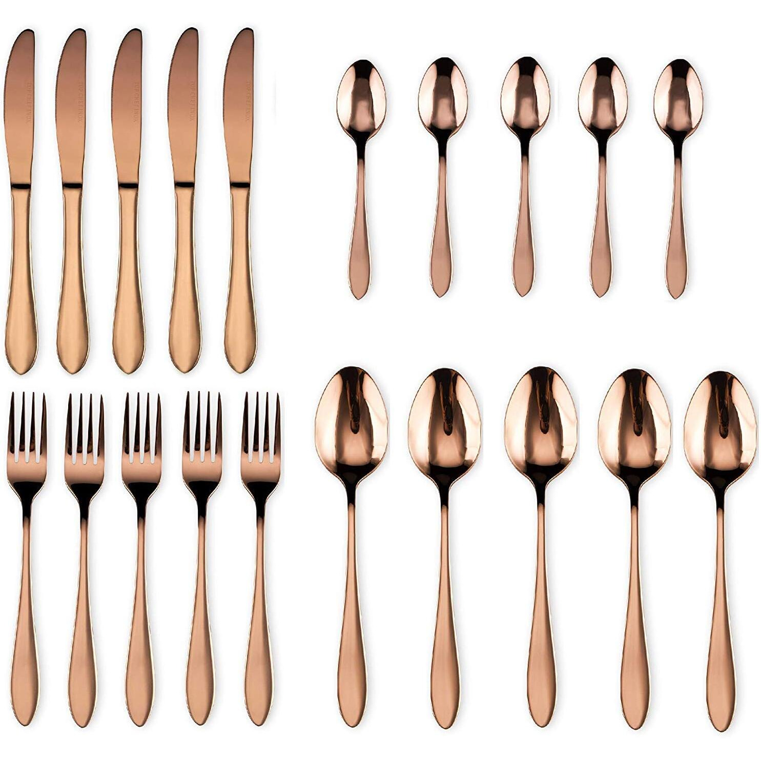 Anh Mart Mirror Finish Rose Gold Plated Stainless Steel Flatware Set Copper Silverware Set Rose Gold Spoon Color Cutlery Set [Dinner Fork-Tea Spoon-Salad Spoon-Knife] Set Of (Set Of 36)