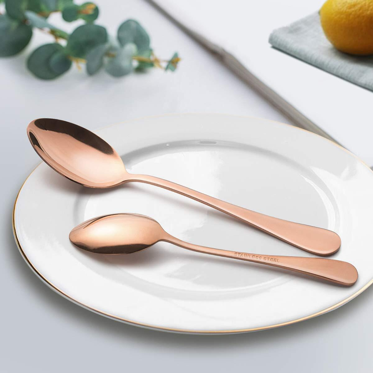 Anh Mart Mirror Finish Rose Gold Plated Stainless Steel Flatware Set Copper Silverware Set Rose Gold Spoon Color Cutlery Set [Dinner Fork-Tea Spoon-Salad Spoon-Knife] Set Of (Set Of 36)