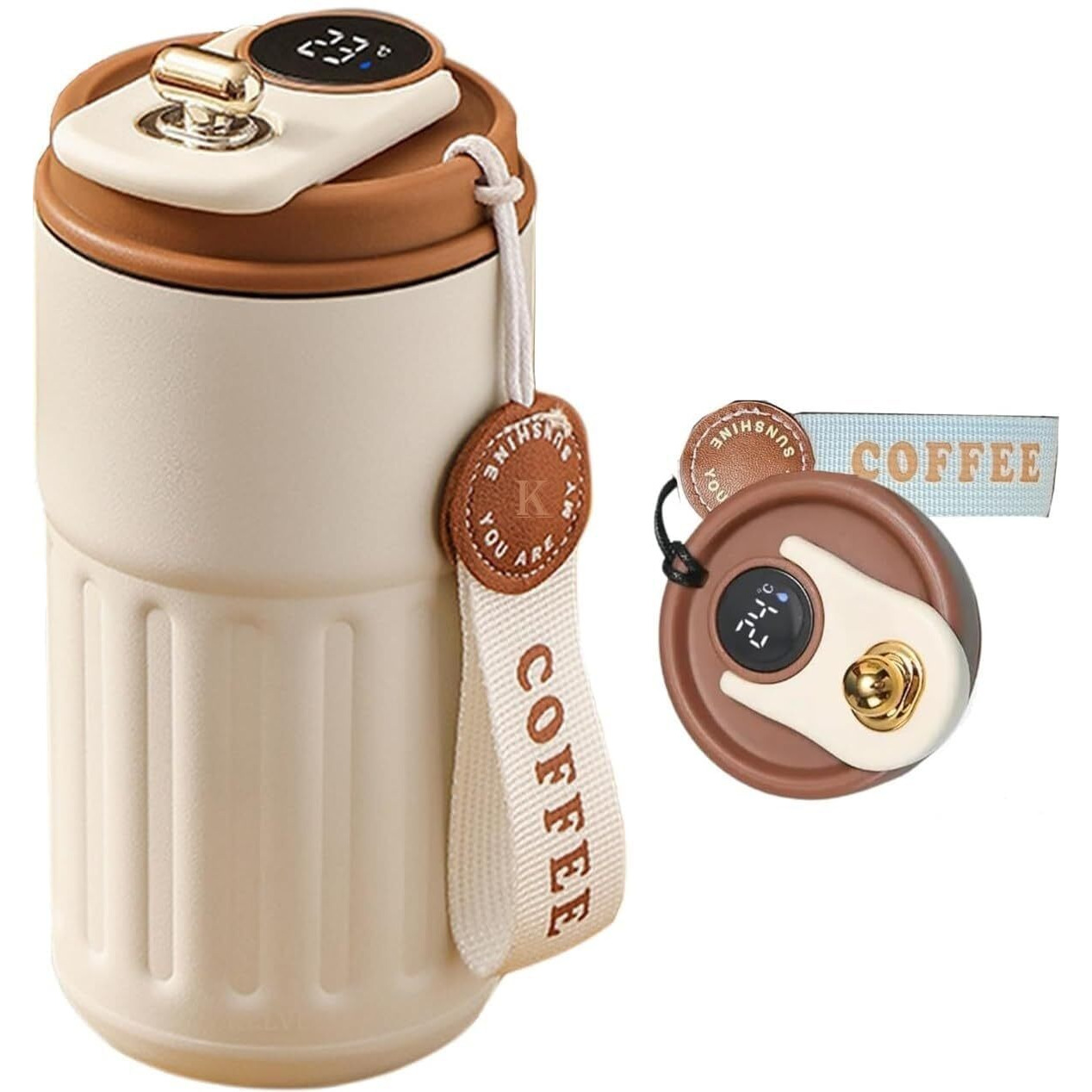 Cynvexa Tumbler With Lid, Digital Display 450Ml Cup Stainless Steel Vacuum Insulated Tumbler For Water, Iced Tea Or Coffee,Office Gym Travelling (Ivory - Brown)