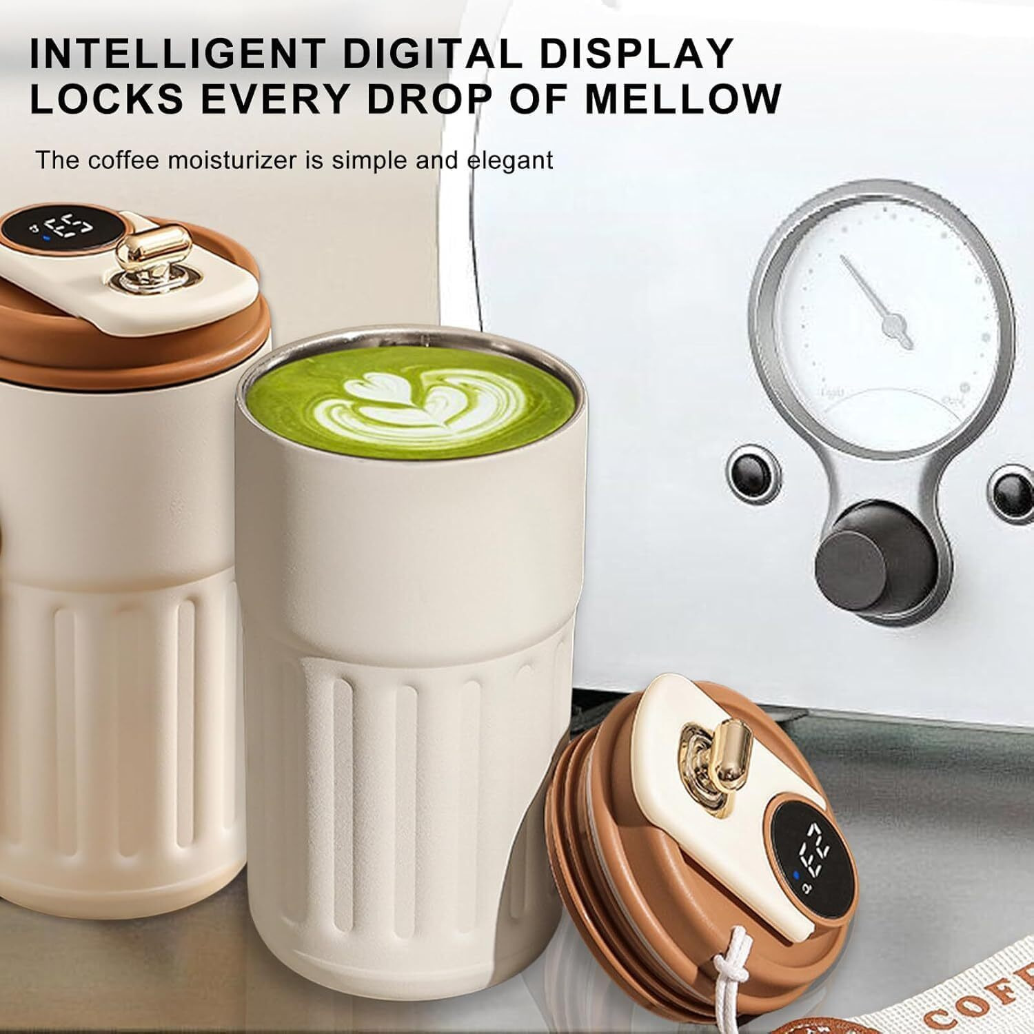 Cynvexa Tumbler With Lid, Digital Display 450Ml Cup Stainless Steel Vacuum Insulated Tumbler For Water, Iced Tea Or Coffee,Office Gym Travelling (Ivory - Brown)