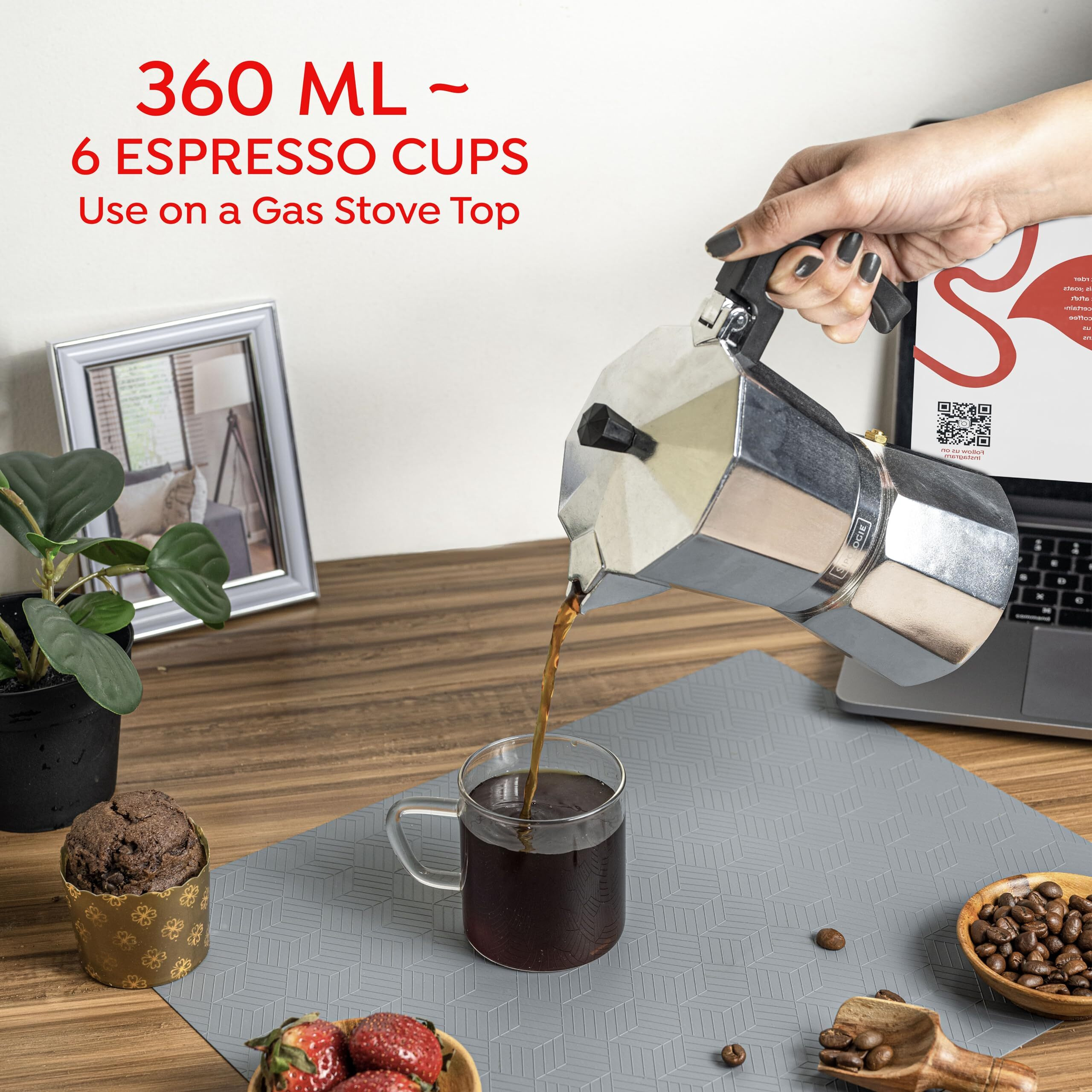 Sipologie Roma Moka Pot Espresso Maker, 360Ml, Classic Italian Brewing For Strong And Flavourful Coffee, Premium Grade Aluminium Stovetop Percolator, Silver