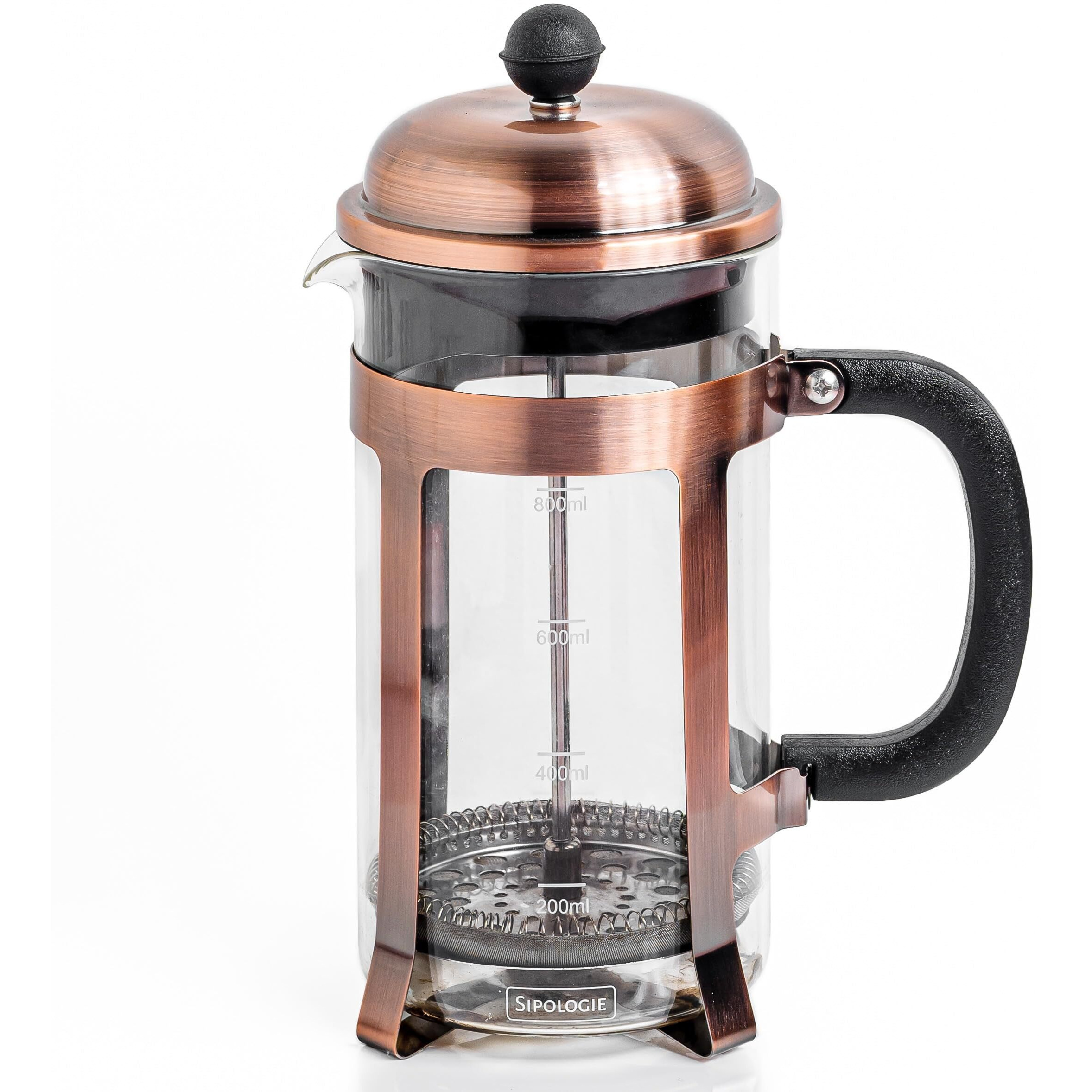 Sipologie Vintage Copper French Press Coffee Maker 1000Ml, Copper, 4-Level Filtration, Heat Resistant Borosilicate Glass, Stainless Steel Housing, Measurement Marking, Coffee Spoon, Extra Filter Mesh