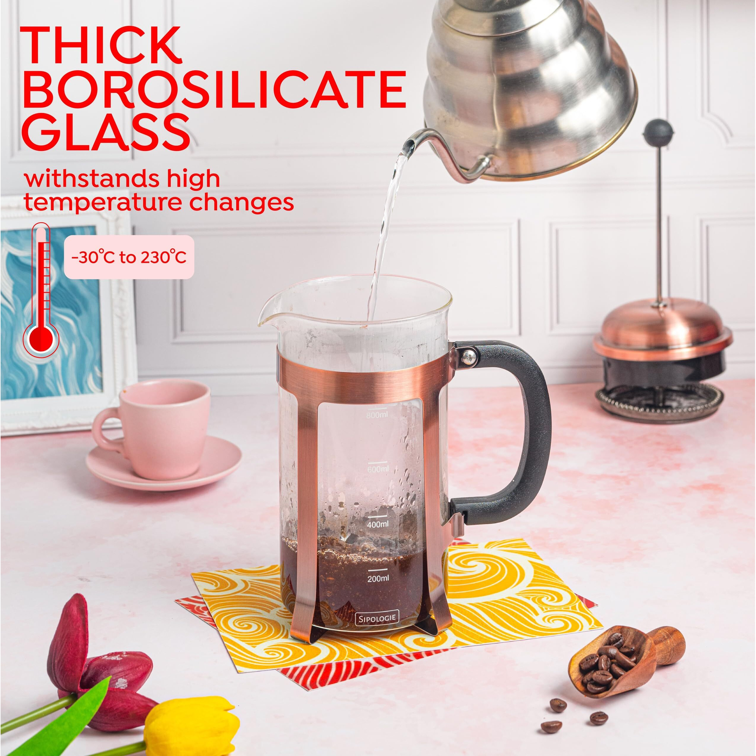 Sipologie Vintage Copper French Press Coffee Maker 1000Ml, Copper, 4-Level Filtration, Heat Resistant Borosilicate Glass, Stainless Steel Housing, Measurement Marking, Coffee Spoon, Extra Filter Mesh