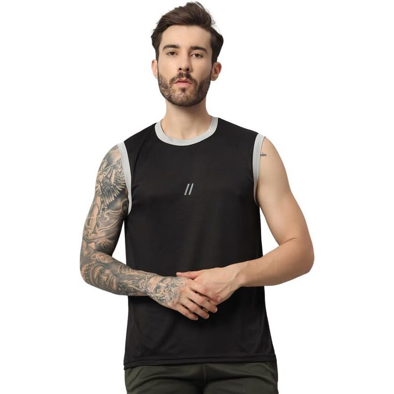 Aticx Men's Slim Fit Polyester Sleeveless T Shirt - Sando Top Tank Muscle Tee For Sports, Gym, Running (Asphalt Black_M)