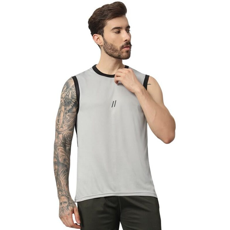 Aticx Men's Slim Fit Polyester Sleeveless T Shirt - Sando Top Tank Muscle Tee For Sports, Gym, Running (Pale Grey_Xl)