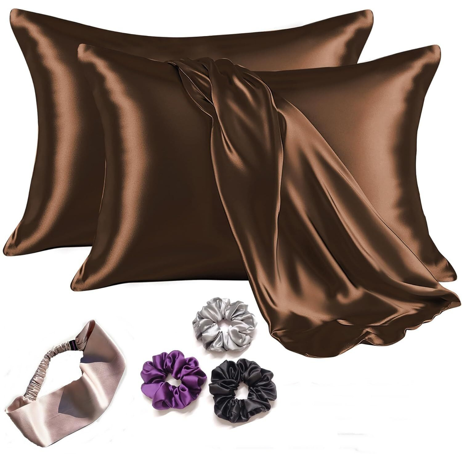 Armoxa Solid Satin Silk Pillow Cover For Hair And Skin 2 Piece With 3 Piece Satin Silk Scrunchies| 1 Silk Hair Band Free | Silk Pillow Covers With Envelope Closure(Coffee)600 Tc, 28L X 18W Cms