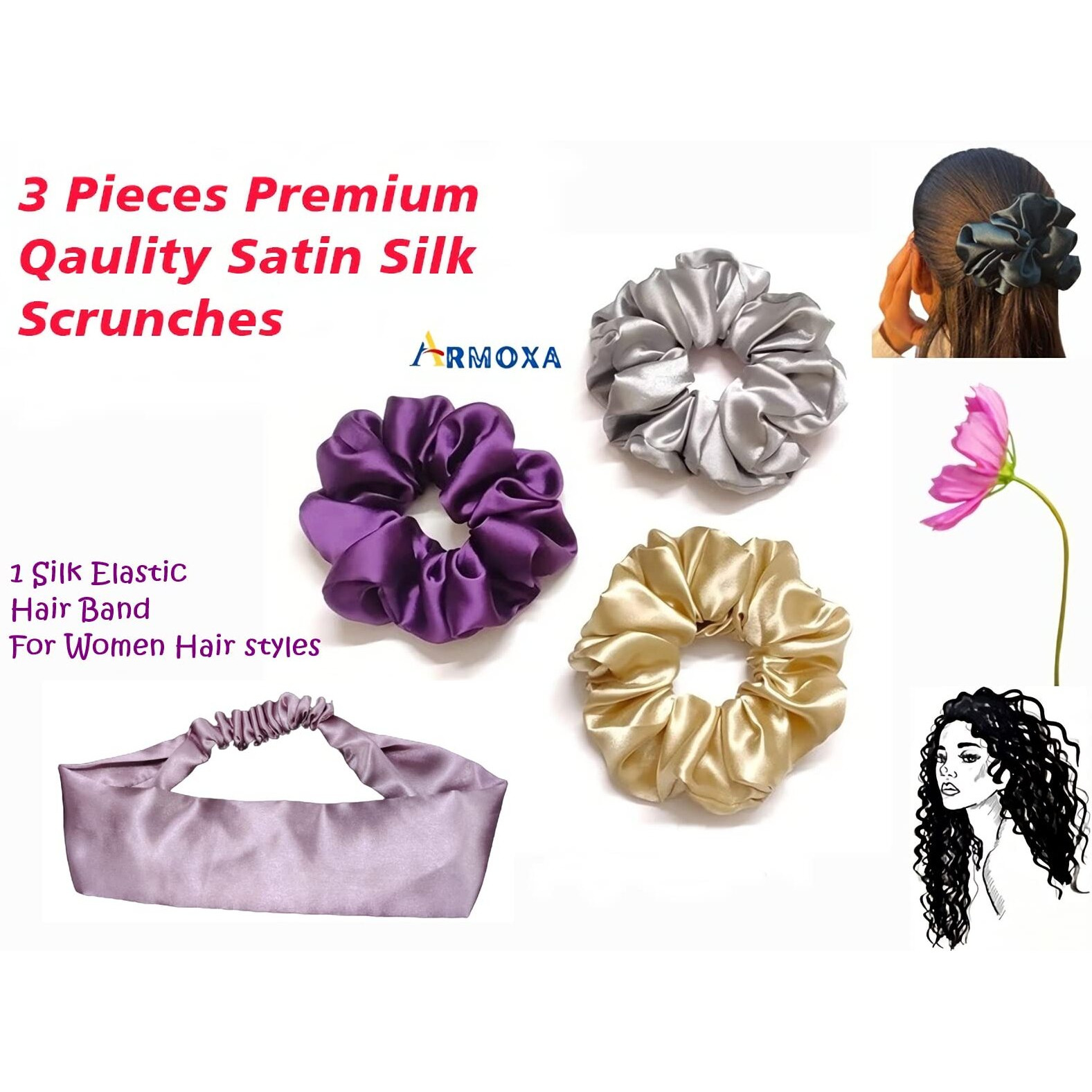 Armoxa Solid Satin Silk Pillow Cover For Hair And Skin 2 Piece With 3 Piece Satin Silk Scrunchies| 1 Silk Hair Band Free | Silk Pillow Covers With Envelope Closure(Coffee)600 Tc, 28L X 18W Cms